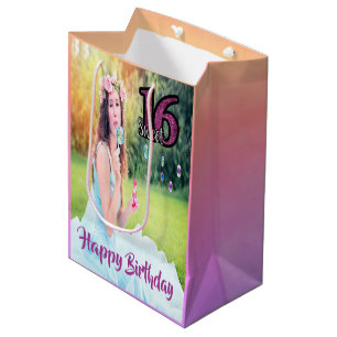 Sac Cadeau Moyen Sweet 16e anniversaire photo fille violette