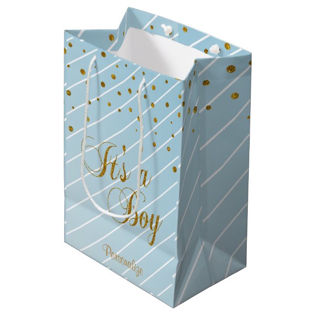 Sac Cadeau Moyen Sweet Baby Boy Blue et Gold Confetti (Devant Angle)