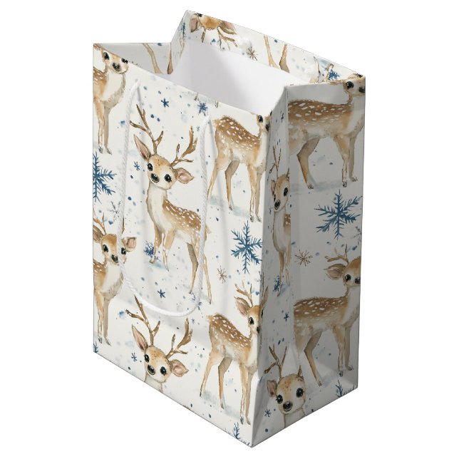 Sac Cadeau Moyen Sweet Deer Blue Christmas Snowflakes (Devant Angle)