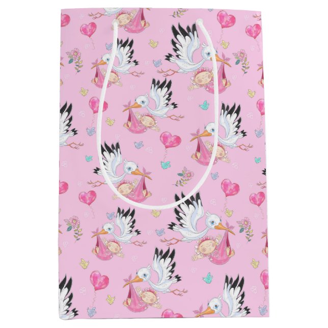 Sac Cadeau Moyen Sweet New Baby Girl and Stork  (Devant)