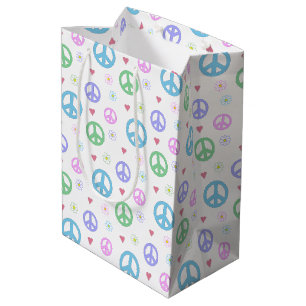 Sac Cadeau Moyen Symbole de paix, Fleurs & Coeurs