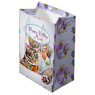 Sac Cadeau Moyen Tabby Chat Chats Cute Aquarelle Femme Nom