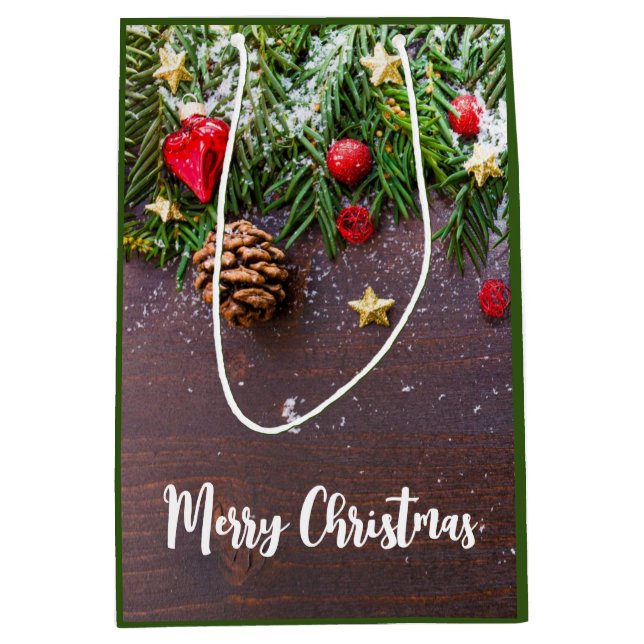 Sac Cadeau Moyen Table de Noël rustique avec pin et neige (Devant)