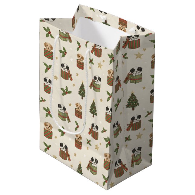 Sac Cadeau Moyen Tan and Black & White Puppies Christmas Pattern (Devant Angle)