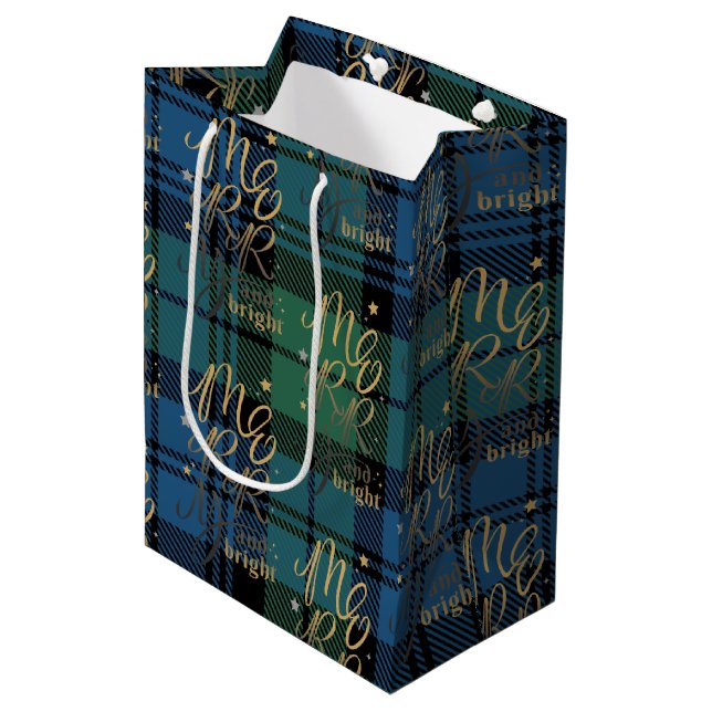 Sac Cadeau Moyen Tartan de Noël Script Vert Bleu Chèque Plaid (Devant Angle)