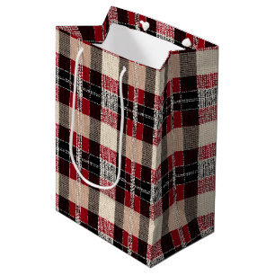 Sac Cadeau Moyen Tartan rouge classique et noir - Rustique tissé