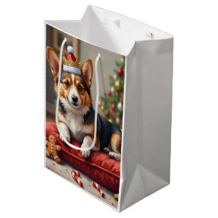 Sac Cadeau Moyen Tartine de Noël de chien Corgi avec couronne de Pè