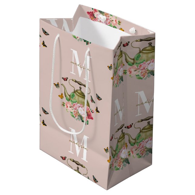 Sac Cadeau Moyen Teapot Party rose Floral & Papillons Monogramme (Devant Angle)