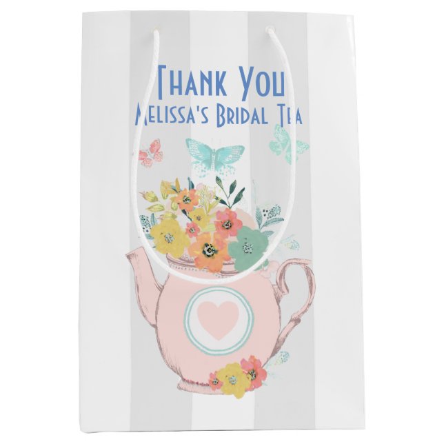 Sac Cadeau Moyen Teapot rose avec Fleurs et Papillons Merci (Devant)