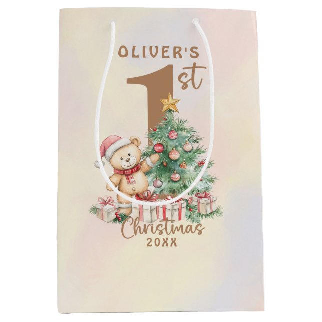 Sac Cadeau Moyen Teddy Bear 1er Noël avec arbre et cadeaux (Devant)