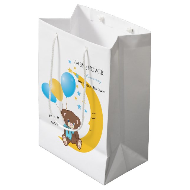 Sac Cadeau Moyen Teddy Bear assis sur la Lune | Baby Boy Shower (Devant Angle)