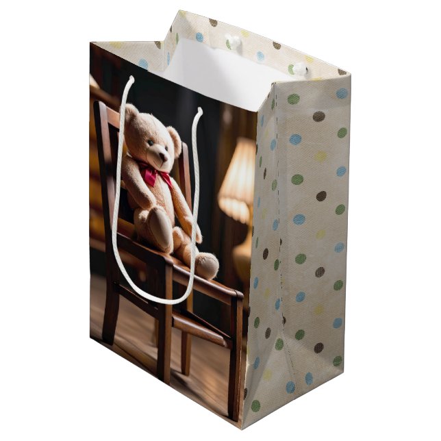 Sac Cadeau Moyen Teddy Bear Sur Une Chaise Avec Pois (Devant Angle)