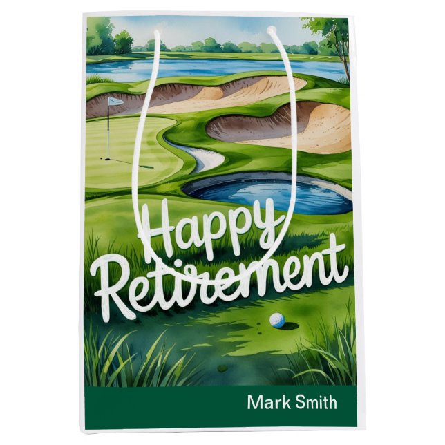 Sac Cadeau Moyen Terrain de golf avec texte Happy Retirez sur vert (Devant)