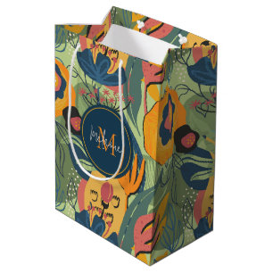 Sac Cadeau Moyen Terre riche couleurs fleurs abstraites, monogramme