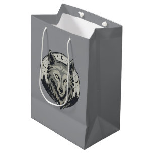 Sac Cadeau Moyen Tête de Loup Lune Mystique Design Vintage