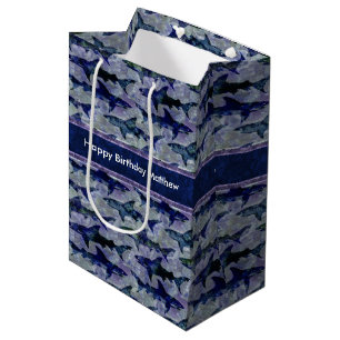 Sac Cadeau Moyen Texte bleu profond de coutume d'attaque de requin
