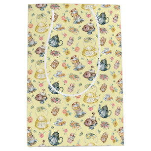 Sac Cadeau Moyen Thé d'après-midi vintage et Motif Rose sur Jaune