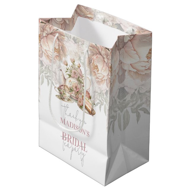 Sac Cadeau Moyen Thé Party Fleurs Mariée Personnalisé (Devant Angle)