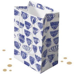 Sac Cadeau Moyen Théière Antique Vintage Bleue Aquarelle