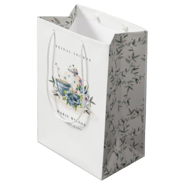 Sac Cadeau Moyen Théière et tasses florales bleu aqua mignonnes pou (Dos Angle)