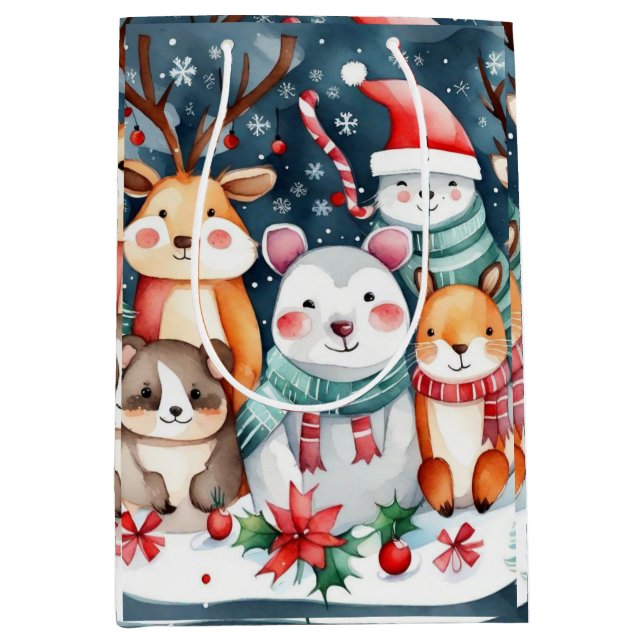 Sac Cadeau Moyen Thème de Noël Animaux mignons (Devant)