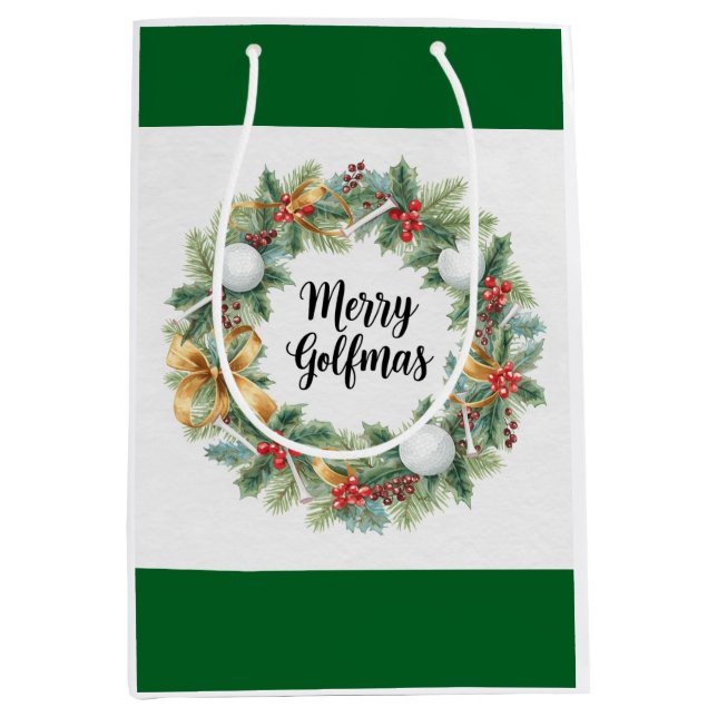 Sac Cadeau Moyen Thème Golf Noël avec Couronne  (Devant)
