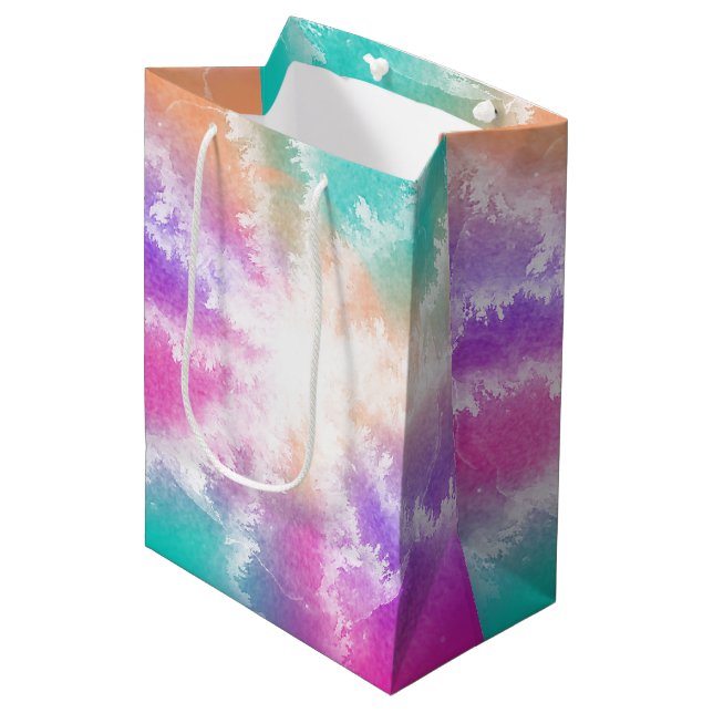 Sac Cadeau Moyen Tie Dye Pastel Aquarelle rose orange Turquoise vio (Devant Angle)