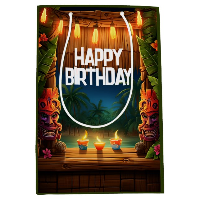 Sac Cadeau Moyen Tiki Luau Hawaiian Tropical Island Beach Anniversa (Devant)