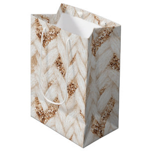 Sac Cadeau Moyen Tissu Faux Blanc Tissé Paillettes Or Anniversaire