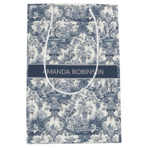 Sac Cadeau Moyen Toile de Jouy Floral Damassé Monogramme Bleu Vinta