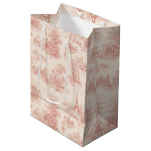 Sac Cadeau Moyen Toile de Jouy Romantique Rose Paysage Campagnard (
