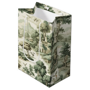 Sac Cadeau Moyen Toile de Jouy Verte Maison de Campagne Motif Villa