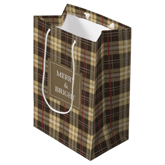 Sac Cadeau Moyen tons Brown tartan plaid texte personnalisé (Devant Angle)