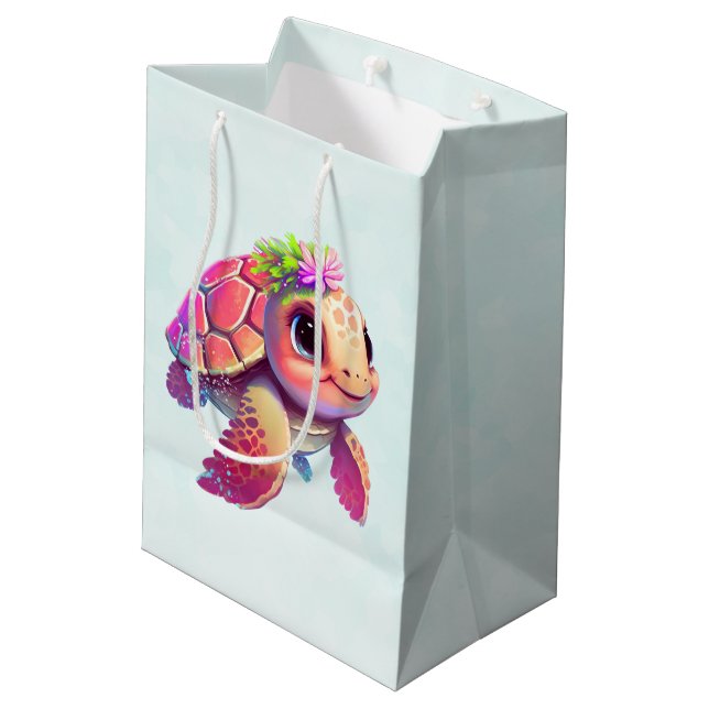 Sac Cadeau Moyen Tortue de mer rose Whimsical & mignon (Dos Angle)