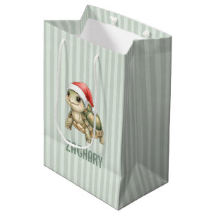 Sac Cadeau Moyen Tortue de Noël à chapeau de Père Noël aquarelle pe