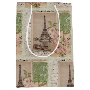 Sac Cadeau Moyen Tour Eiffel Floral Paris Vintage Ephémère Script