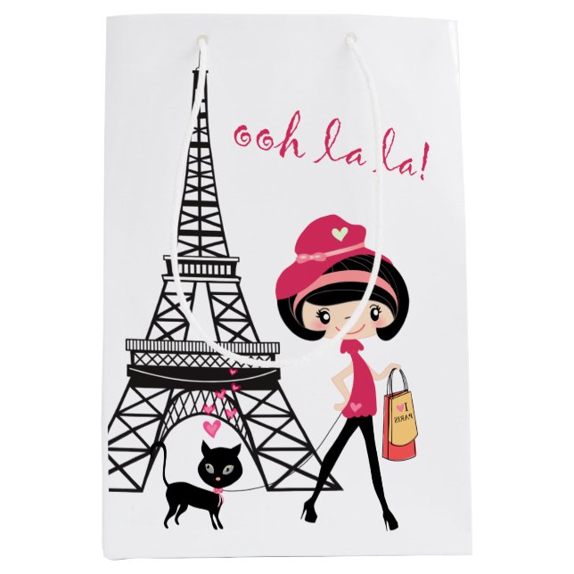 Sac Cadeau Moyen Tour Eiffel Paris Fille et chat Noir et rose (Devant)