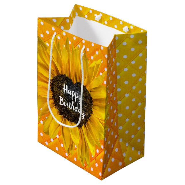 Sac Cadeau Moyen Tournesol Coeur Anniversaire En Pois (Devant Angle)