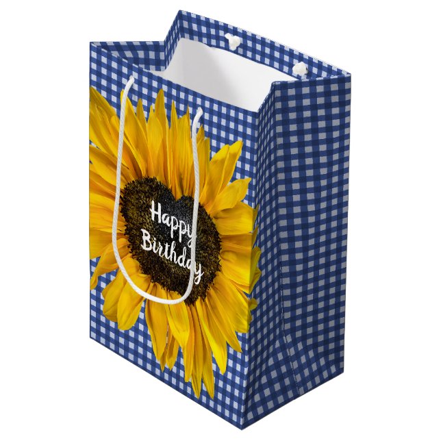 Sac Cadeau Moyen Tournesol Coeur Anniversaire En vichy (Devant Angle)