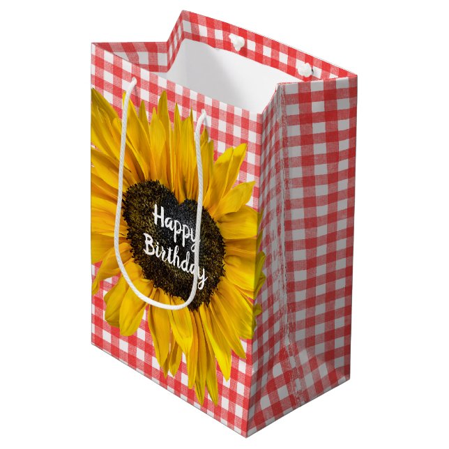Sac Cadeau Moyen Tournesol Coeur Anniversaire En vichy (Devant Angle)