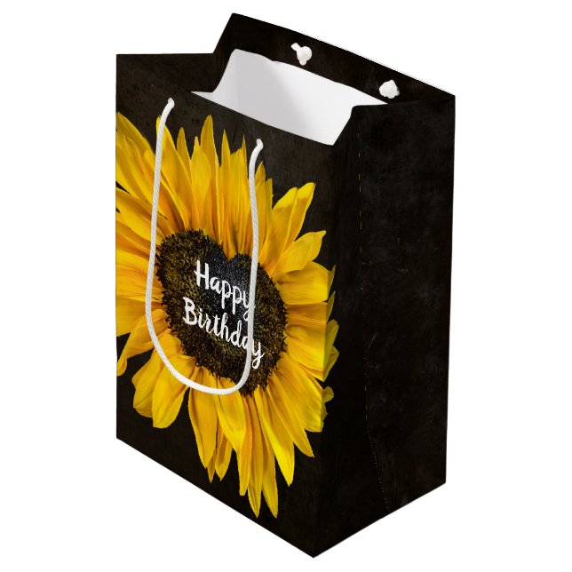 Sac Cadeau Moyen Tournesol de coeur pour anniversaire (Devant Angle)