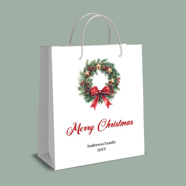 Sac Cadeau Moyen Traditional pine wreath Christmas bag with berries (Traditional pine wreath Christmas bag with berries)