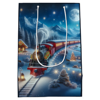 Sac Cadeau Moyen Train de Noël Magique sous la Neige Scène d'Hiver