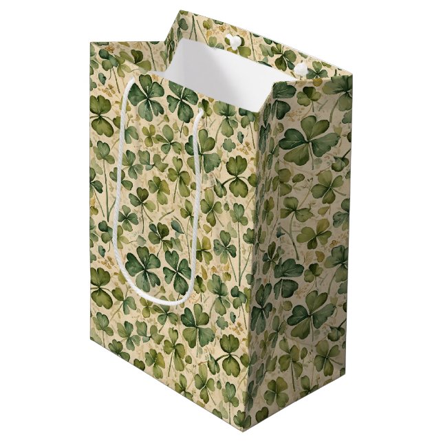 Sac Cadeau Moyen Trèfles verts délicats sans couture (Devant Angle)