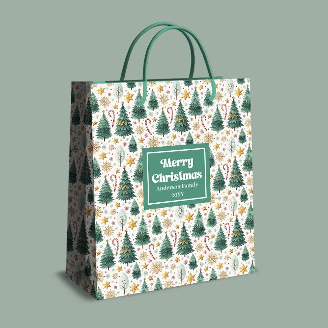 Sac Cadeau Moyen Trendy Christmas trees and candy canes name bag (Trendy Christmas trees and candy canes name bag)