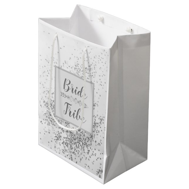 Sac Cadeau Moyen Tribu de mariée chic confetti argenté   (Devant Angle)
