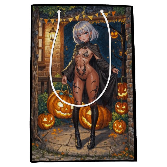Sac Cadeau Moyen Trick or Treater, courageuse fille en costume d'Ha (Devant)