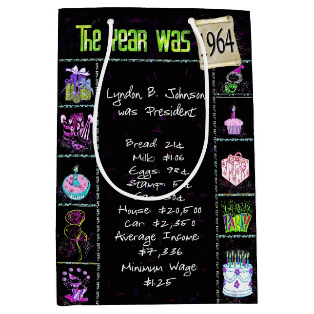 Sac Cadeau Moyen Trivia de l'année de naissance 1964 en noir (Devant)