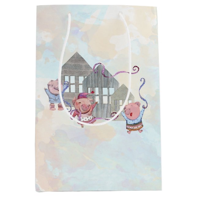 Sac Cadeau Moyen Trois petits cochons avec leurs maisons (Devant)