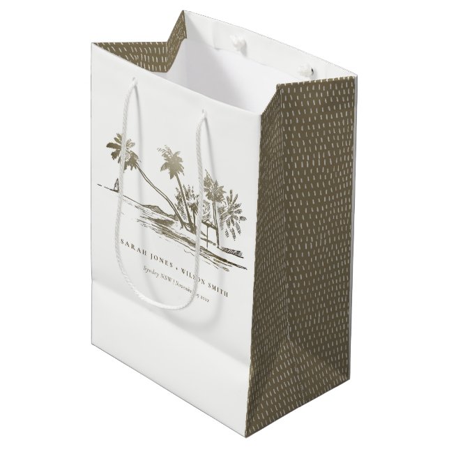 Sac Cadeau Moyen Tropical Beach Palm Tree croquis Pale Gold Mariage (Devant Angle)